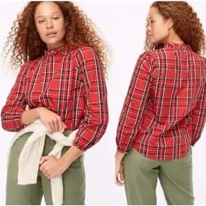 NWT J. Crew Long-Sleeve Ruffleneck Top in Red Stewart Tartan Size Small
